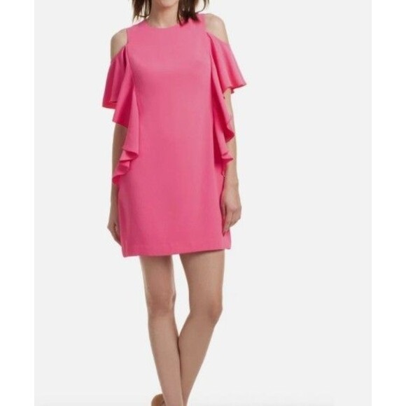 Trina Turk size 0 Lambada Cascading Cold Shoulder Pink Shift Dress RSP $288 NWT - Picture 1 of 13